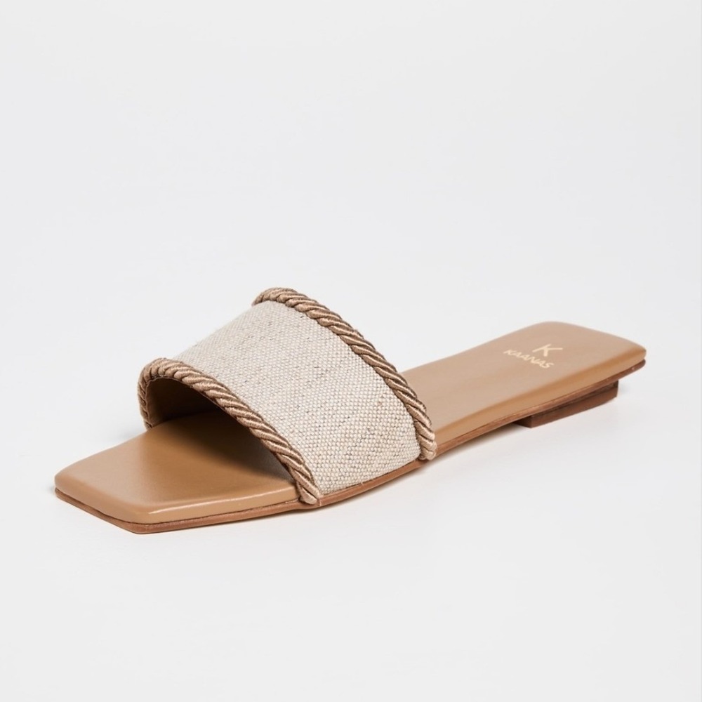 KAANAS Finn Caramel Linen Rope Trim Square Toe Flat Slide‎ Sandals Size 7 NIB